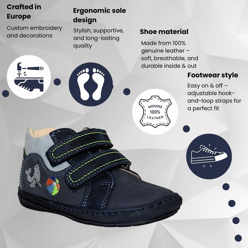 Szamos Kids Boys’ Genuine Leather Shoes – Ergonomic Supportive Sole, Stable Heel, Flexible Forefoot, Adjustable Hook & Loop Straps, Embroidered – Navy with Seal & Ball Design - Image 4